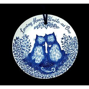 Vintage 60s Blue and White Cat Plate Crownford Staffordshire Loving Heaarts